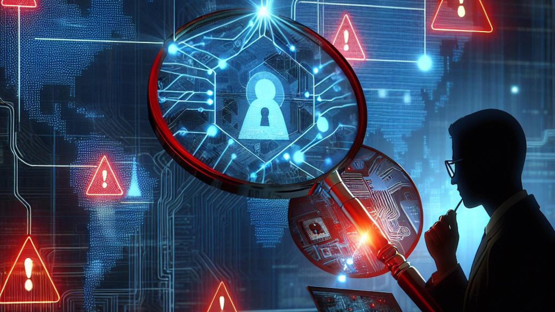 A conceptual digital illustration showing a cybersecurity analyst examining a glowing network map