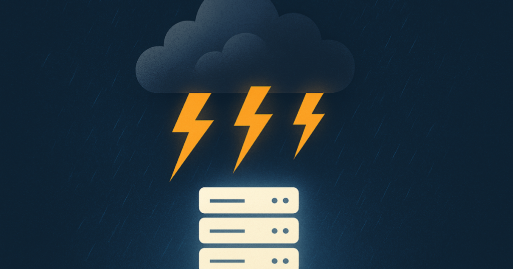Illustration of storm cloud with lightning striking servers, symbolizing cloud outages and resilience challenges.