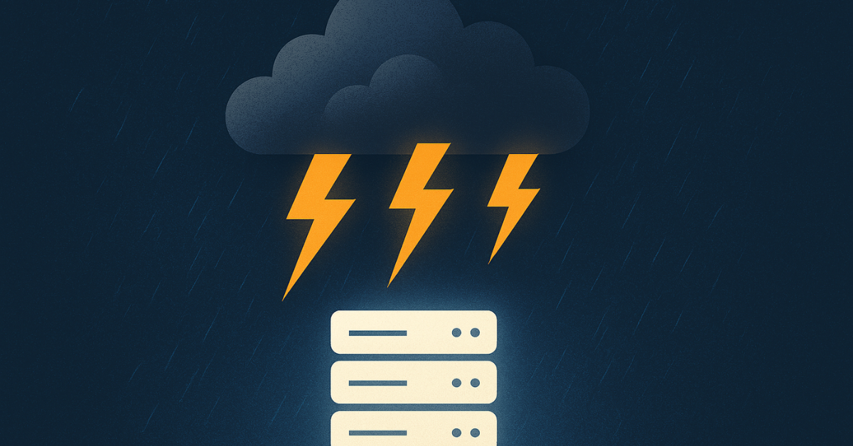 Illustration of storm cloud with lightning striking servers, symbolizing cloud outages and resilience challenges.