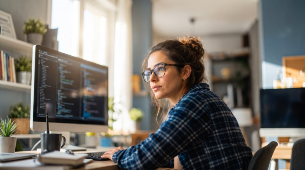 An analyst reviewing dashboards on two monitors