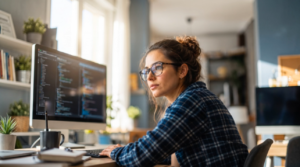 An analyst reviewing dashboards on two monitors